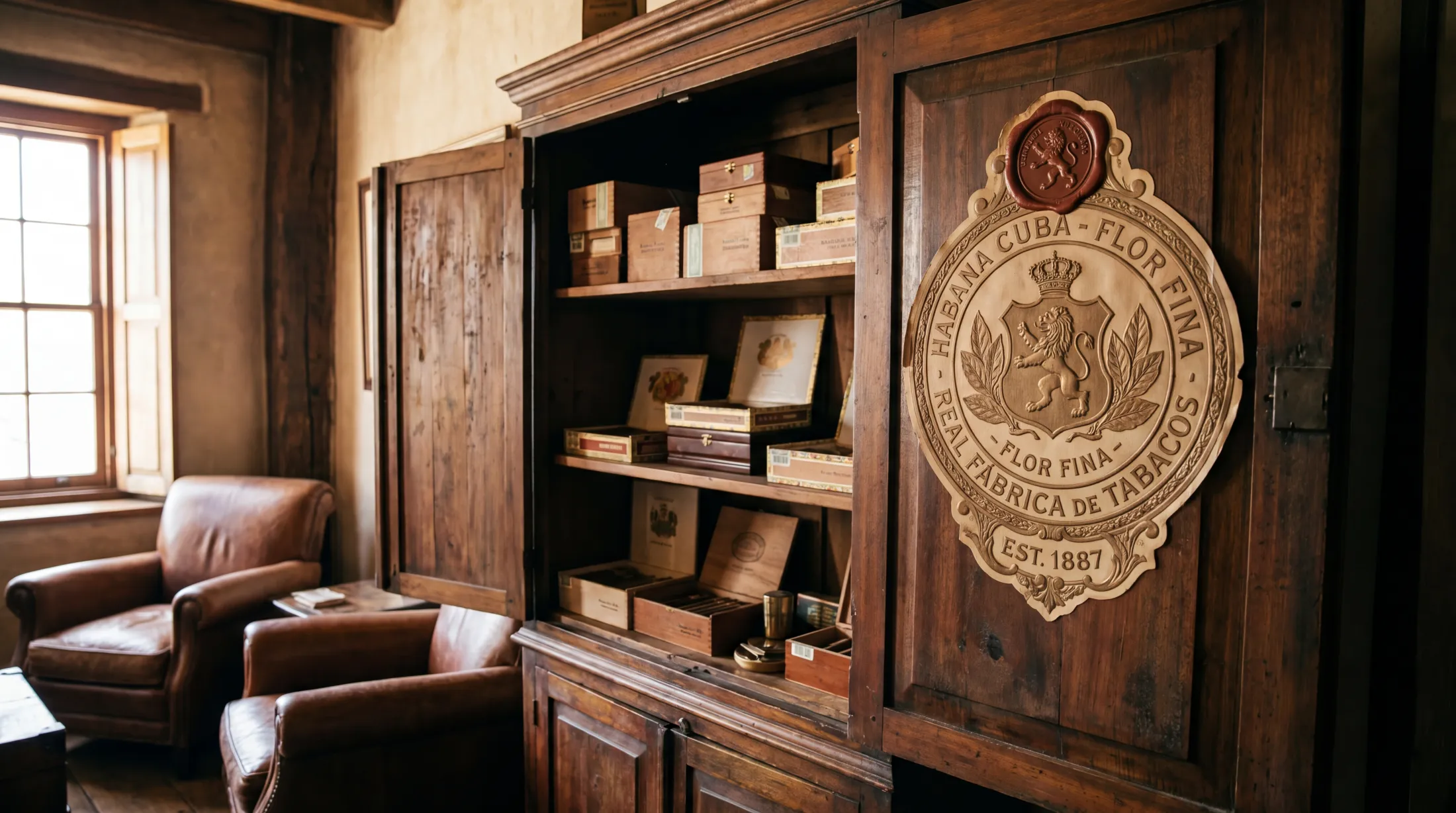 Artisan hands rolling a premium cigar on a weathered wooden table with tools and tobacco fragments.